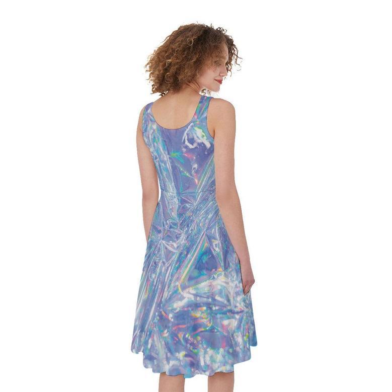 Holographic Artwork Print Sleeveless Knee Length Dress