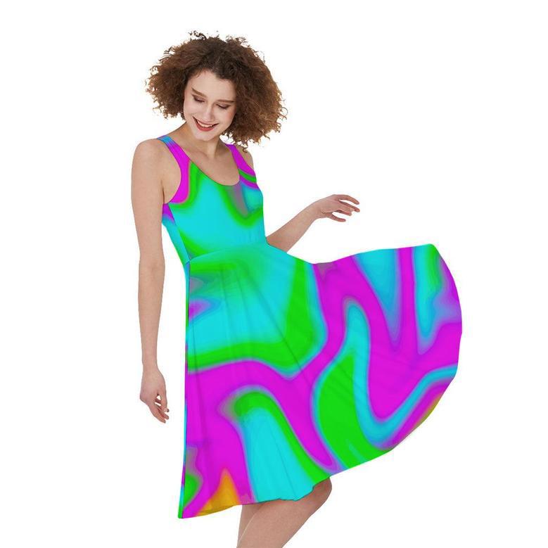 Holographic Neon Liquid Trippy Print Sleeveless Knee Length Dress