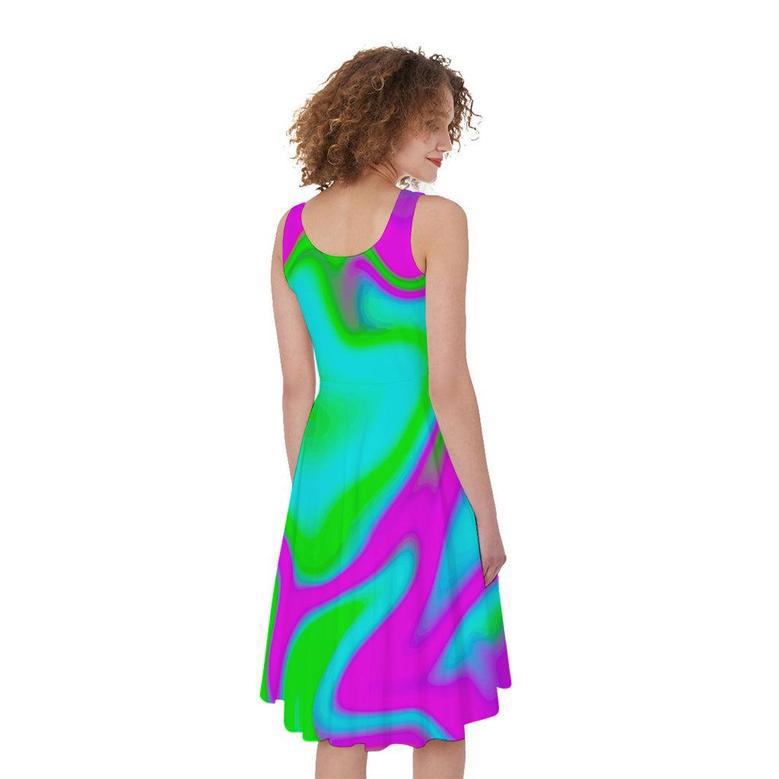 Holographic Neon Liquid Trippy Print Sleeveless Knee Length Dress