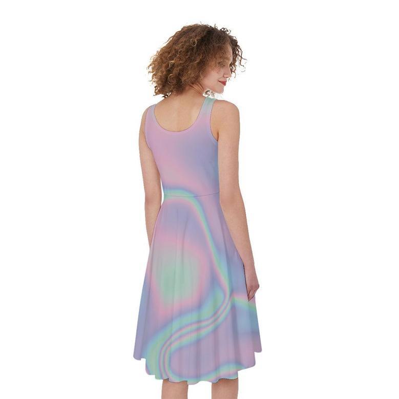 Holographic Waves Print Sleeveless Knee Length Dress