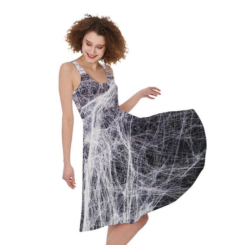 Horror Cobweb Print Sleeveless Knee Length Dress