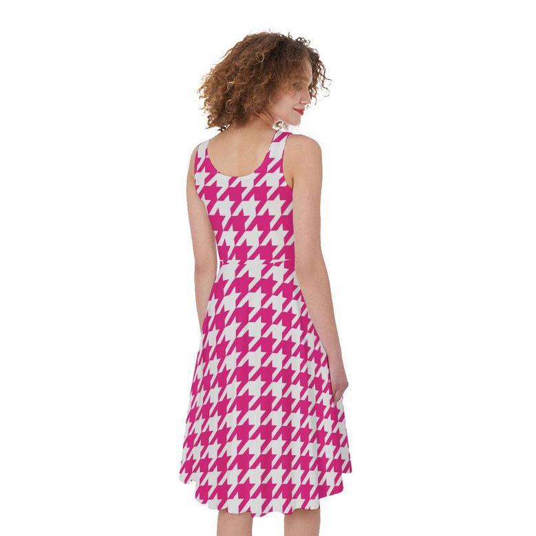 Hot Pink And White Houndstooth Print Sleeveless Knee Length Dress