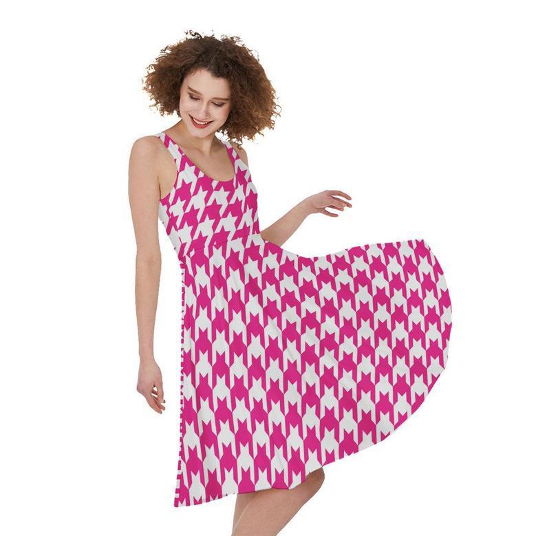 Hot Pink And White Houndstooth Print Sleeveless Knee Length Dress