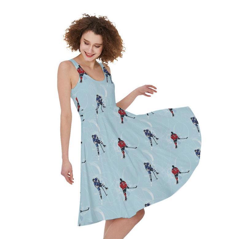 Ice Hockey Players Pattern Print Sleeveless Knee Length Dress