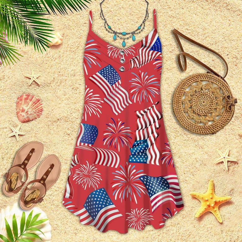 Independence Day Gift for Patriotic Women Red Firework America Flag Spaghetti Strap Summer Dress