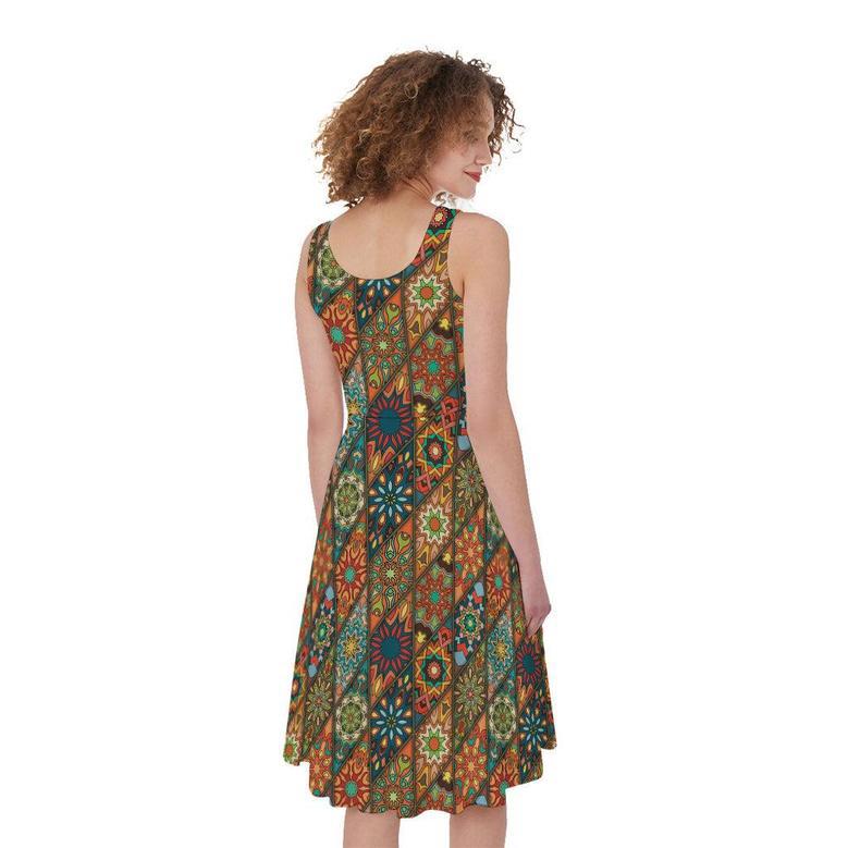 Indian Floral Patchwork Pattern Print Sleeveless Knee Length Dress