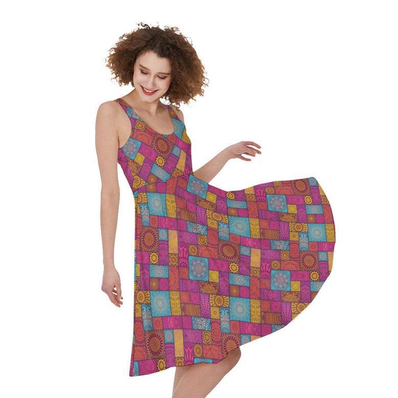 Indian Patchwork Pattern Print Sleeveless Knee Length Dress