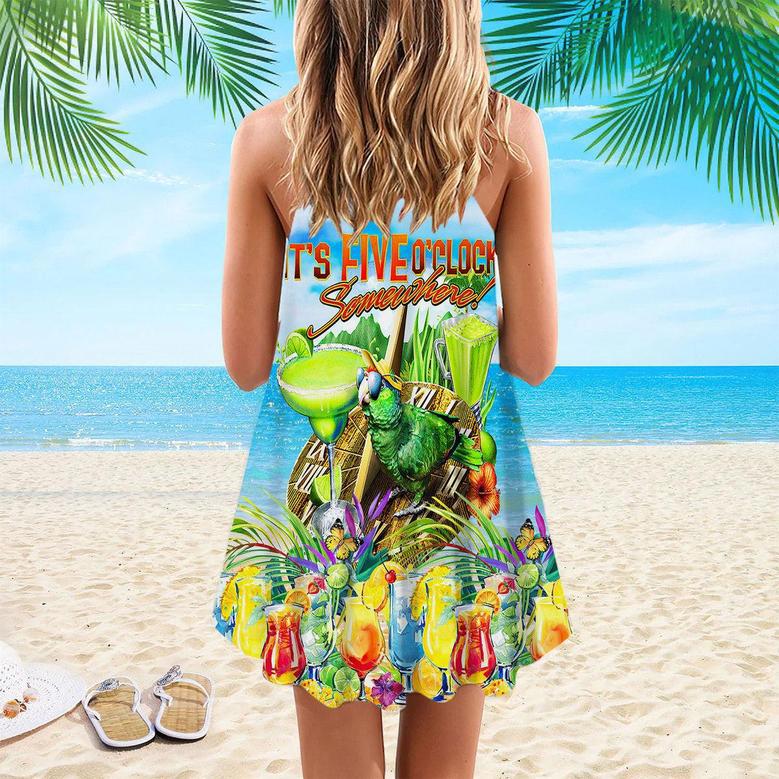 It's 5 O'clock Somewhere Parrot Cocktail Party Spaghetti Strap Summer Dress