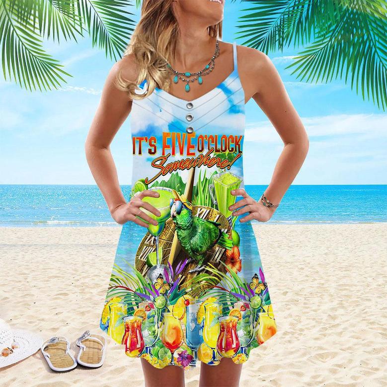 It's 5 O'clock Somewhere Parrot Cocktail Party Spaghetti Strap Summer Dress