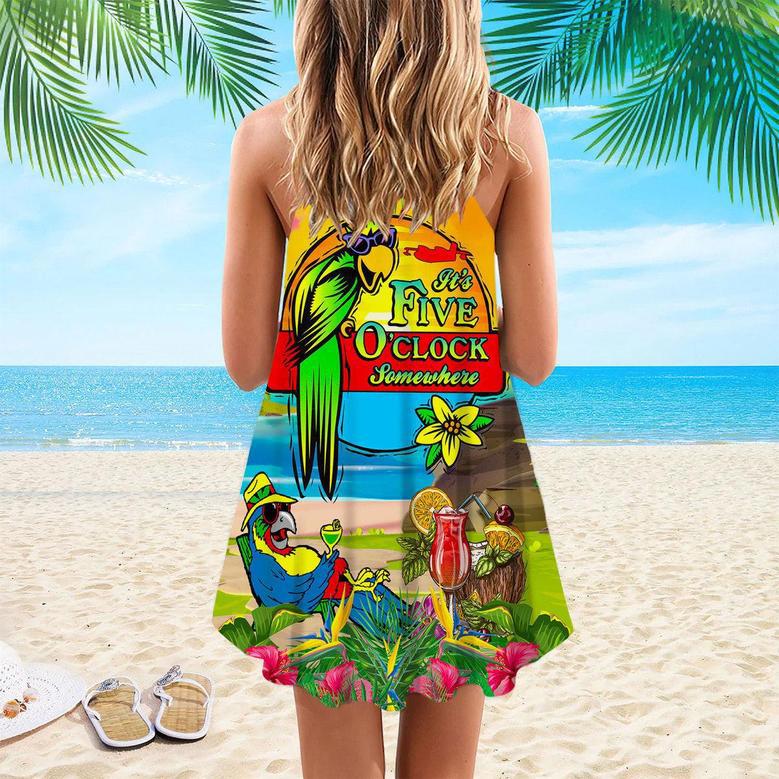 It's 5 O'clock Somewhere Parrot Drink Cocktail Tropical Spaghetti Strap Summer Dress