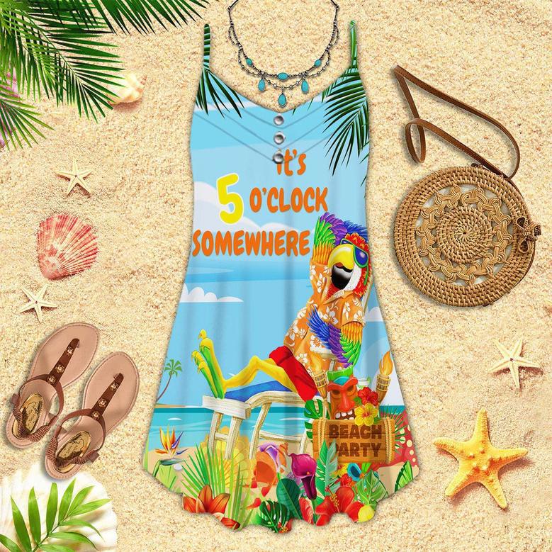 It's 5 O'Clock Somewhere Parrot On The Beach Blue Spaghetti Strap Summer Dress