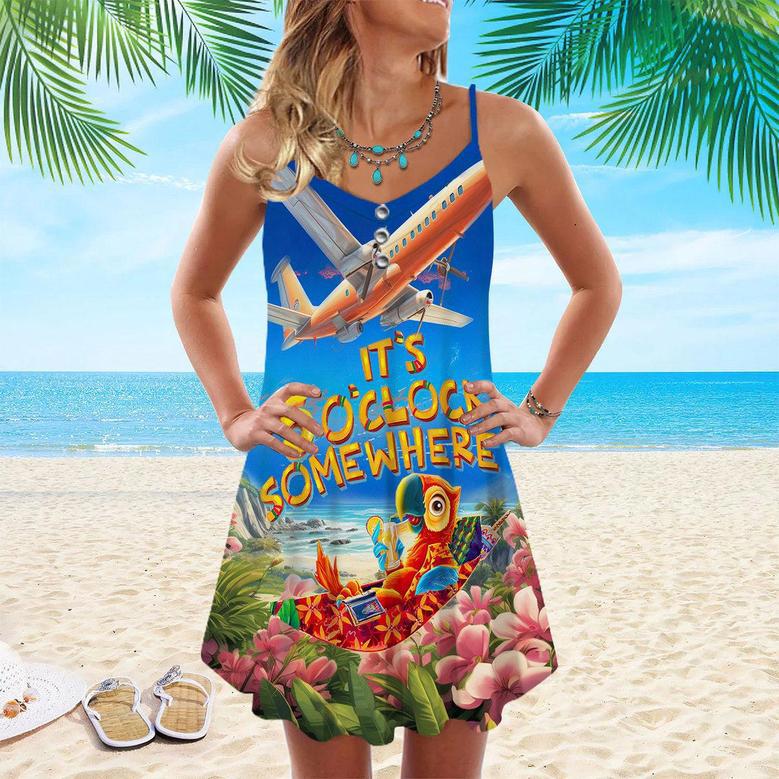 It's Five O'clock Somewhere Parrot Tropical Spaghetti Strap Summer Dress