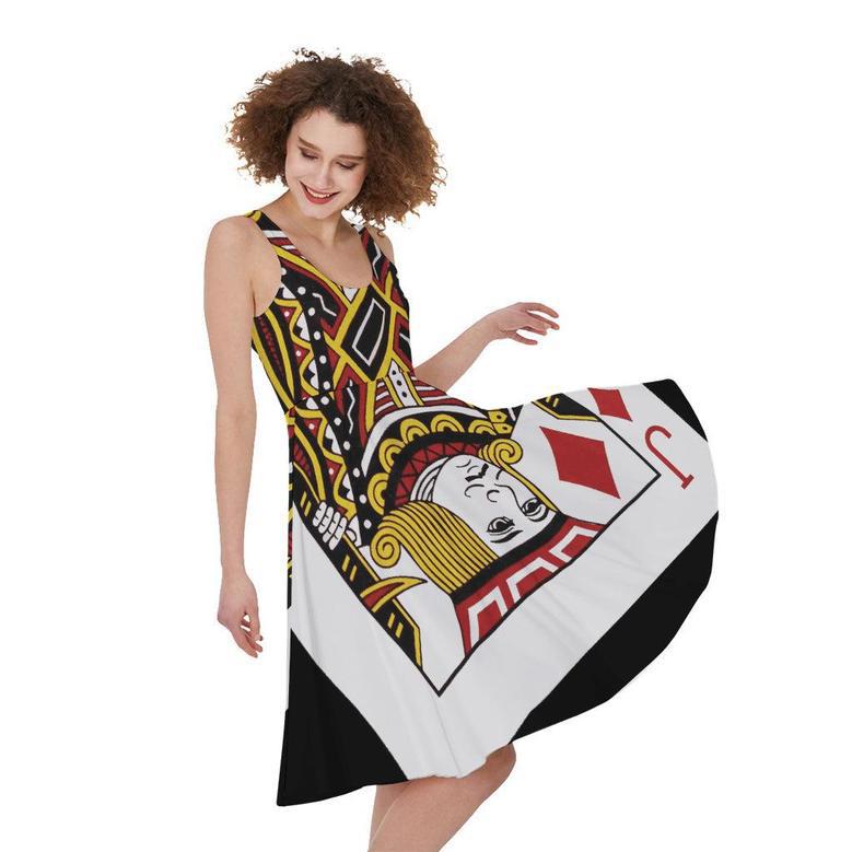 Jack Of Diamonds Playing Card Print Sleeveless Knee Length Dress