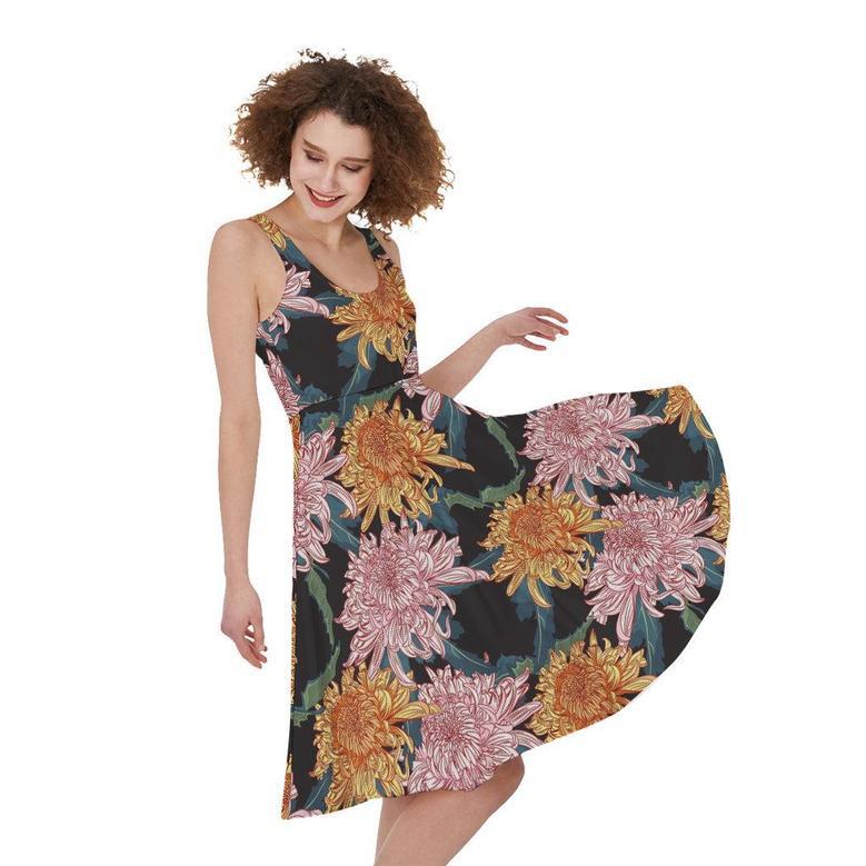 Japanese Chrysanthemum Pattern Print Sleeveless Knee Length Dress