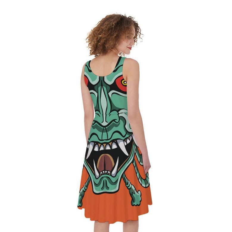 Japanese Demon Print Sleeveless Knee Length Dress