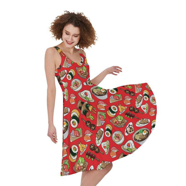 Japanese Food Pattern Print Sleeveless Knee Length Dress