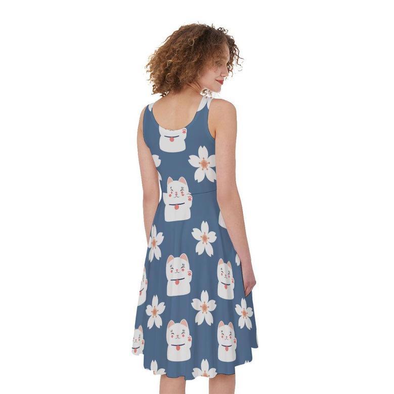 Japanese Lucky Cat And Sakura Print Sleeveless Knee Length Dress