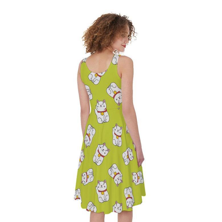 Japanese Lucky Cat Cartoon Print Sleeveless Knee Length Dress