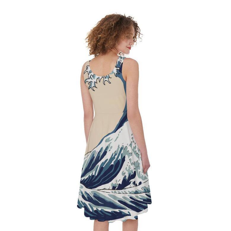 Japanese Ocean Wave Print Sleeveless Knee Length Dress