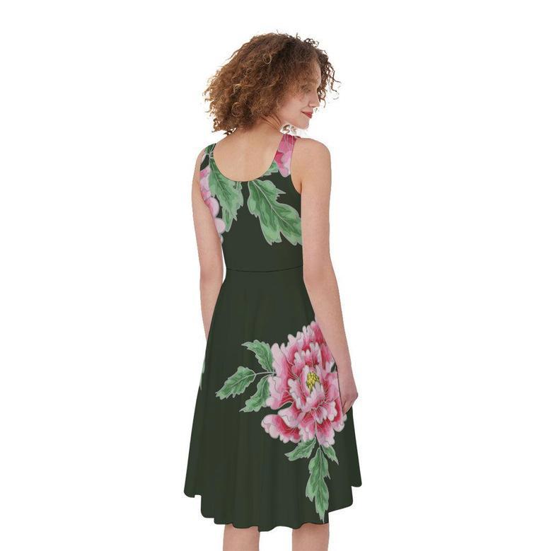 Japanese Peony Print Sleeveless Knee Length Dress