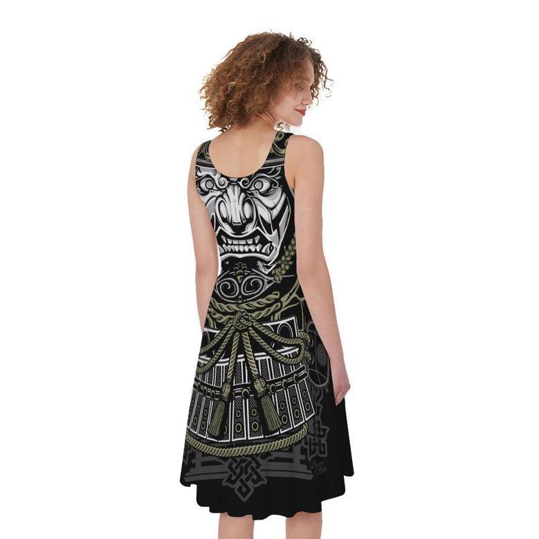 Japanese Samurai Warrior Print Sleeveless Knee Length Dress