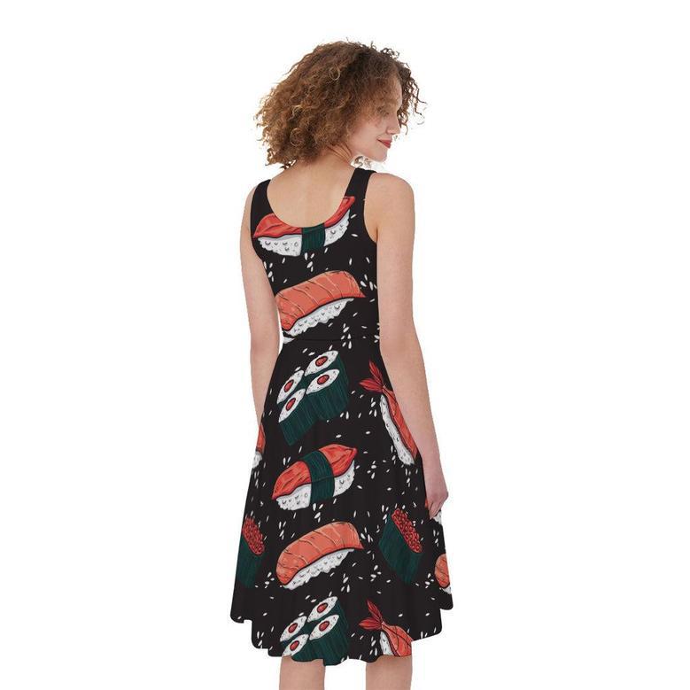 Japanese Sushi Pattern Print Sleeveless Knee Length Dress