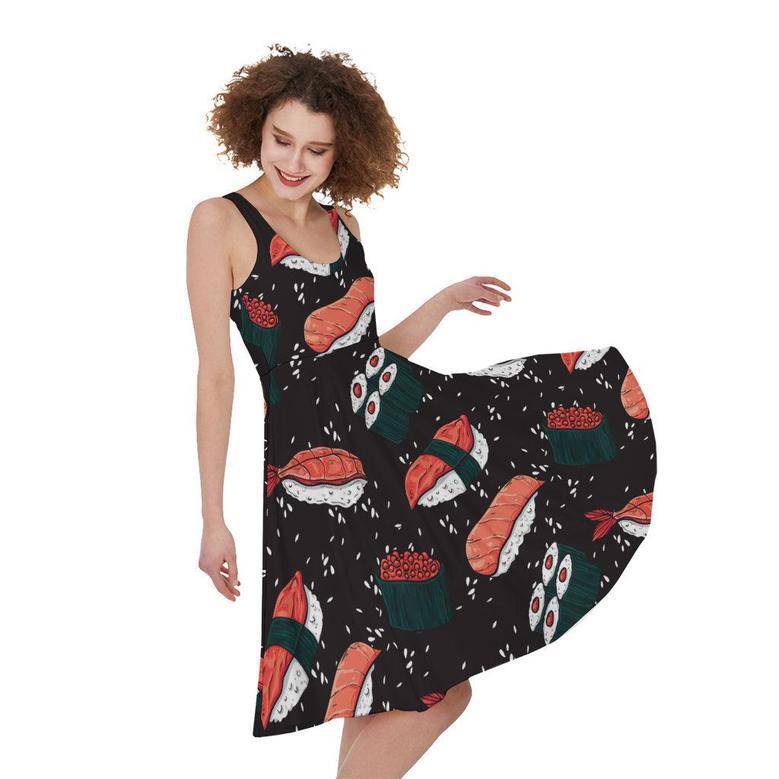 Japanese Sushi Pattern Print Sleeveless Knee Length Dress