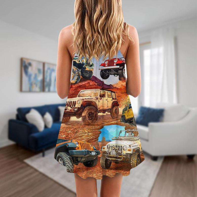 Jeep In The Desert Vintage Art Style - V-Neck Sleeveless Cami Dress