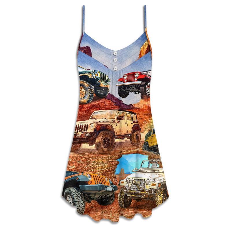 Jeep In The Desert Vintage Art Style - V-Neck Sleeveless Cami Dress