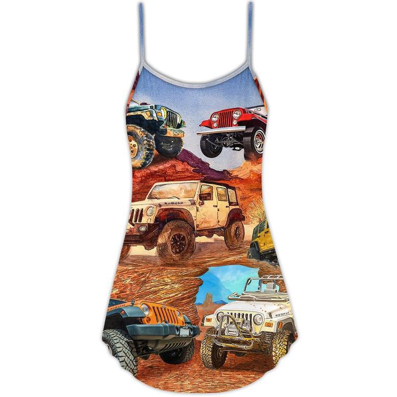 Jeep In The Desert Vintage Art Style - V-Neck Sleeveless Cami Dress