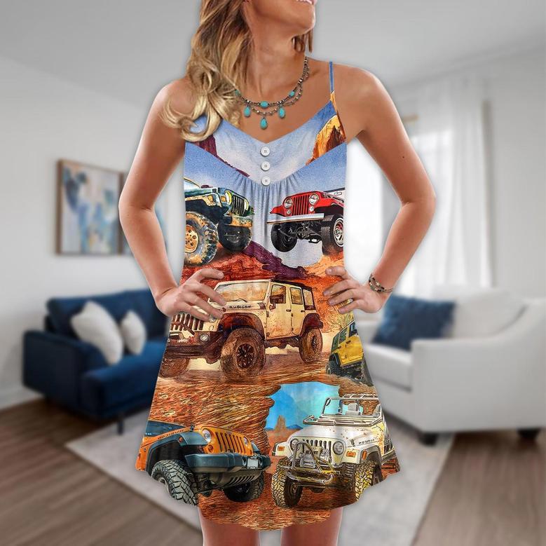 Jeep In The Desert Vintage Art Style - V-Neck Sleeveless Cami Dress