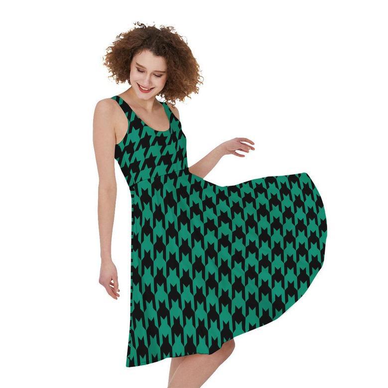 Jungle Green And Black Houndstooth Print Sleeveless Knee Length Dress