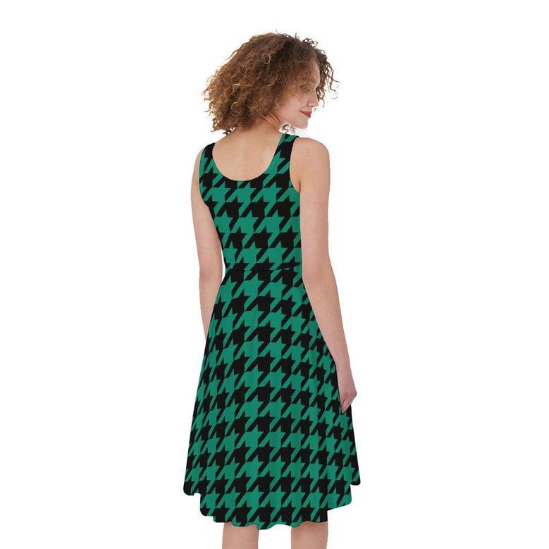 Jungle Green And Black Houndstooth Print Sleeveless Knee Length Dress