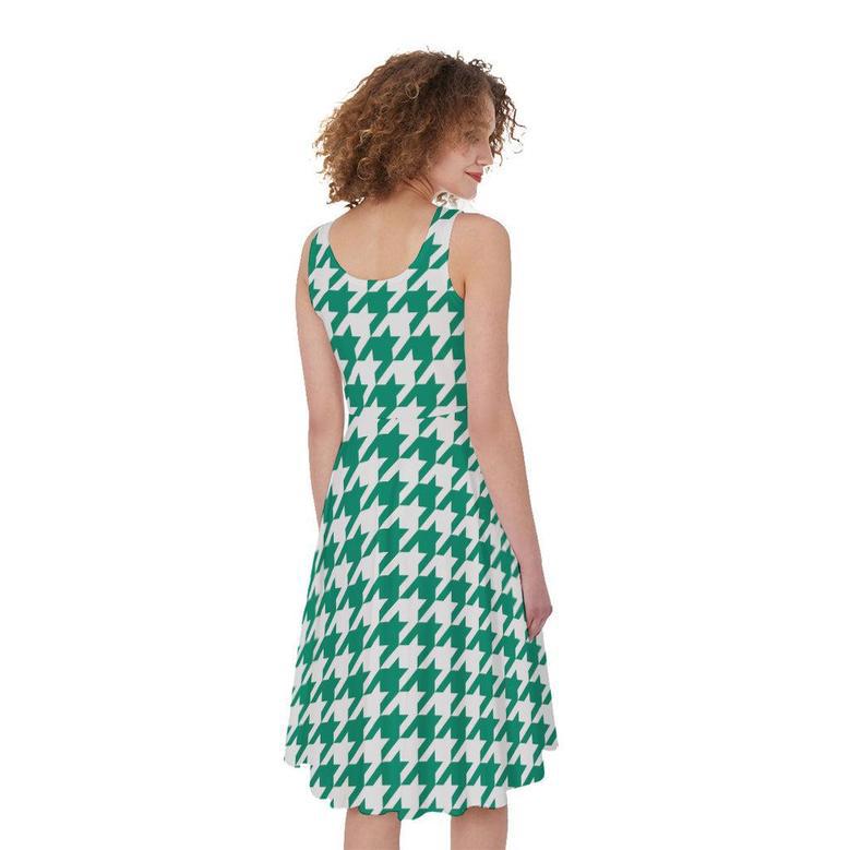 Jungle Green And White Houndstooth Print Sleeveless Knee Length Dress