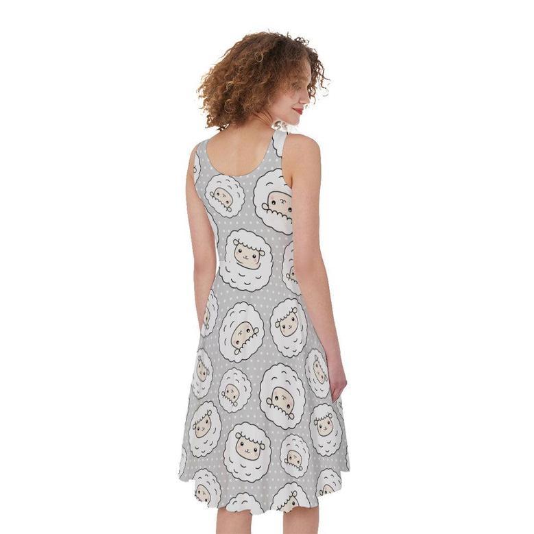 Kawaii Sheep Pattern Print Sleeveless Knee Length Dress