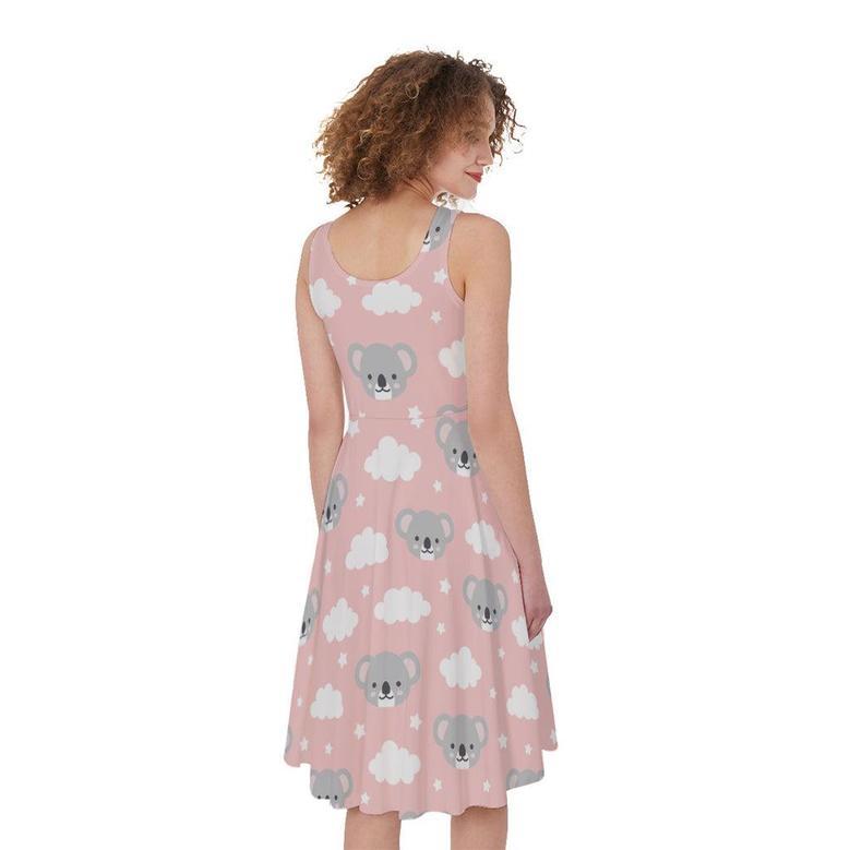 Koala Bear And Cloud Pattern Print Sleeveless Knee Length Dress