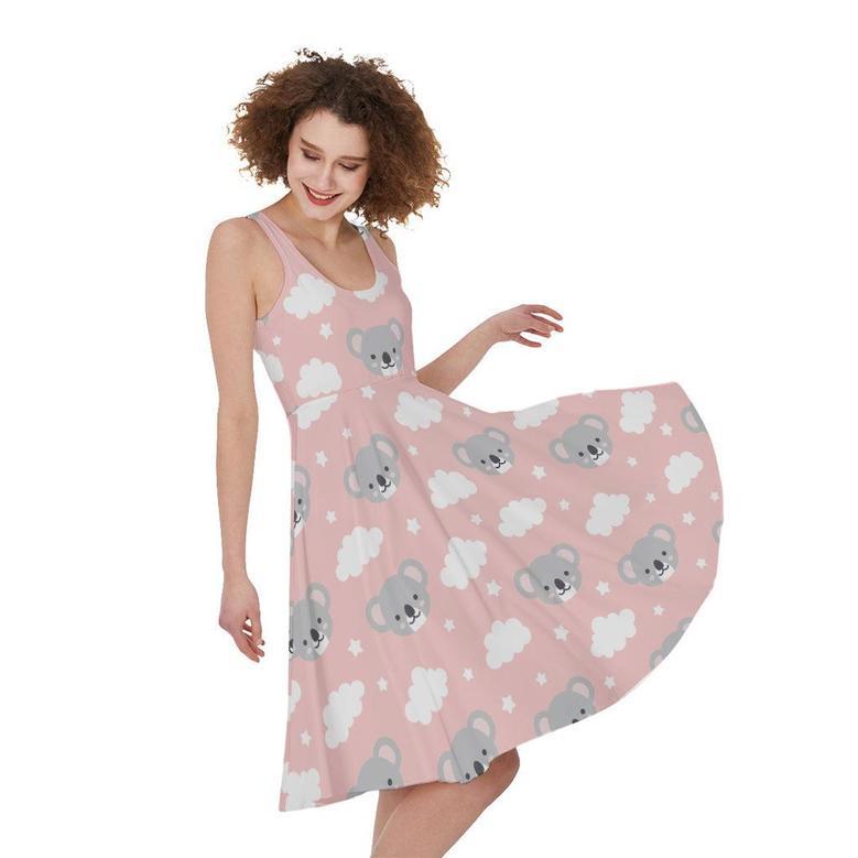 Koala Bear And Cloud Pattern Print Sleeveless Knee Length Dress