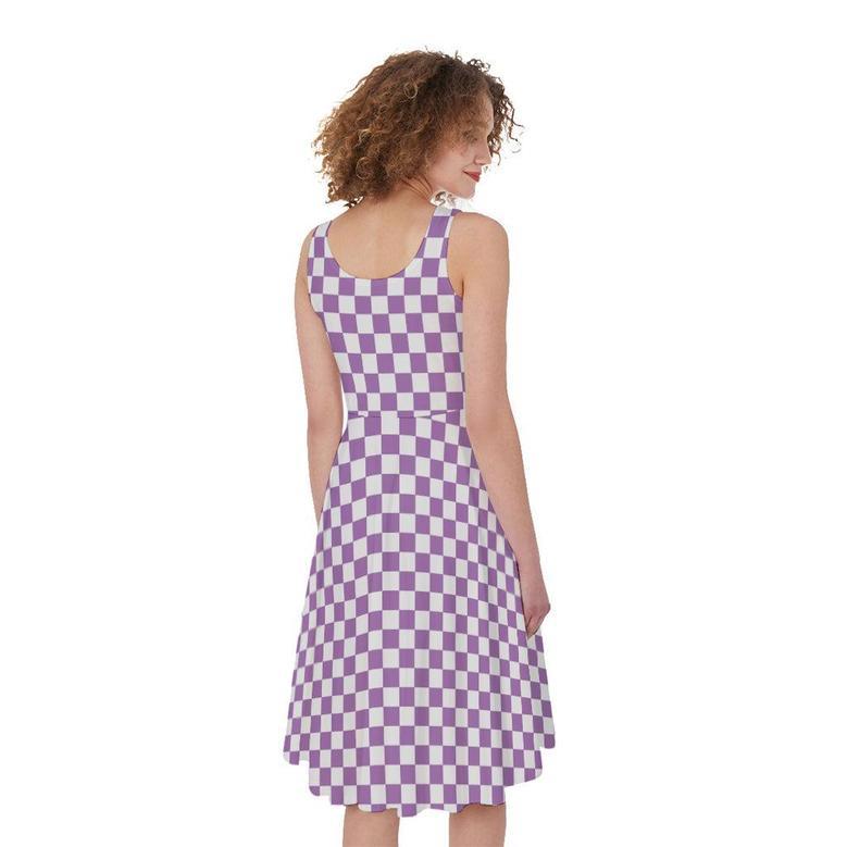 Light Purple And White Checkered Print Sleeveless Knee Length Dress