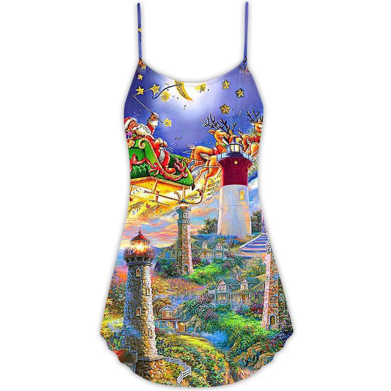 Lighthouse Christmas Santa Home The Light Is - V-Neck Sleeveless Cami Dress