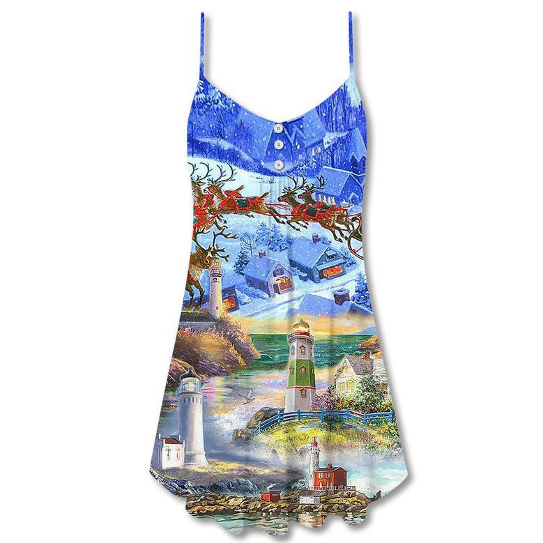 Lighthouse Christmas Santa Through The Storm - V-Neck Sleeveless Cami Dress