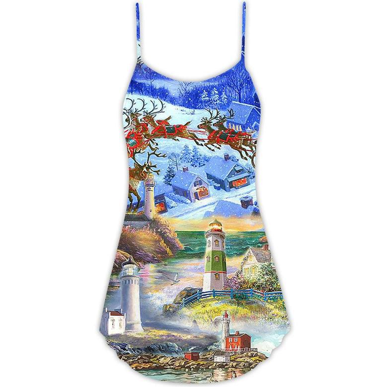 Lighthouse Christmas Santa Through The Storm - V-Neck Sleeveless Cami Dress