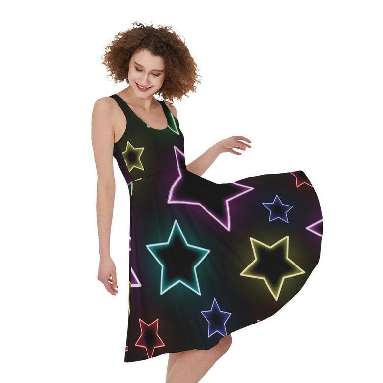 Lights Star Pattern Print Sleeveless Knee Length Dress