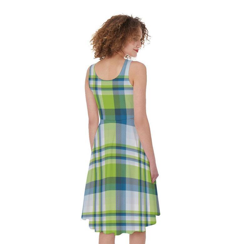 Lime And Blue Madras Plaid Print Sleeveless Knee Length Dress