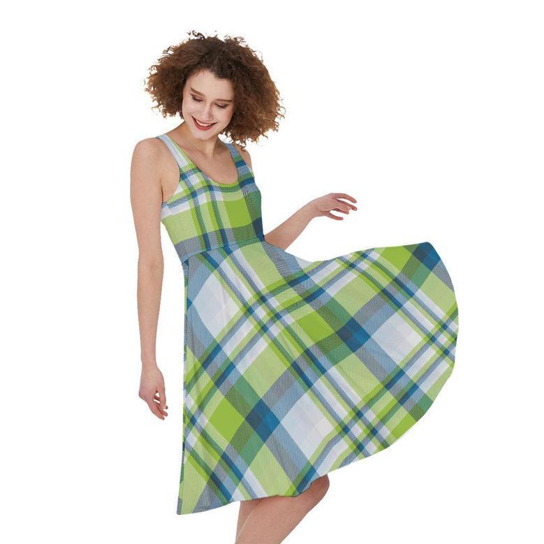 Lime And Blue Madras Plaid Print Sleeveless Knee Length Dress