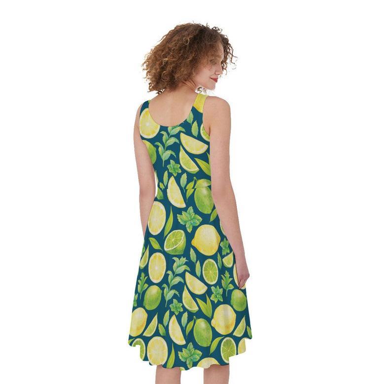 Lime And Lemon Pattern Print Sleeveless Knee Length Dress