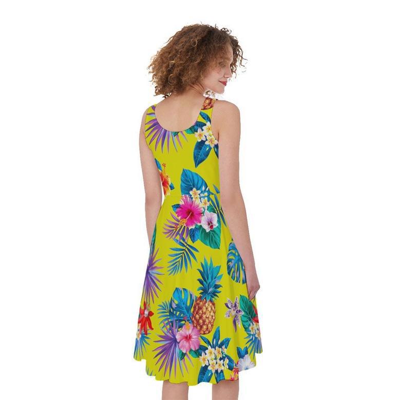 Lime Hawaiian Pineapple Pattern Print Sleeveless Knee Length Dress