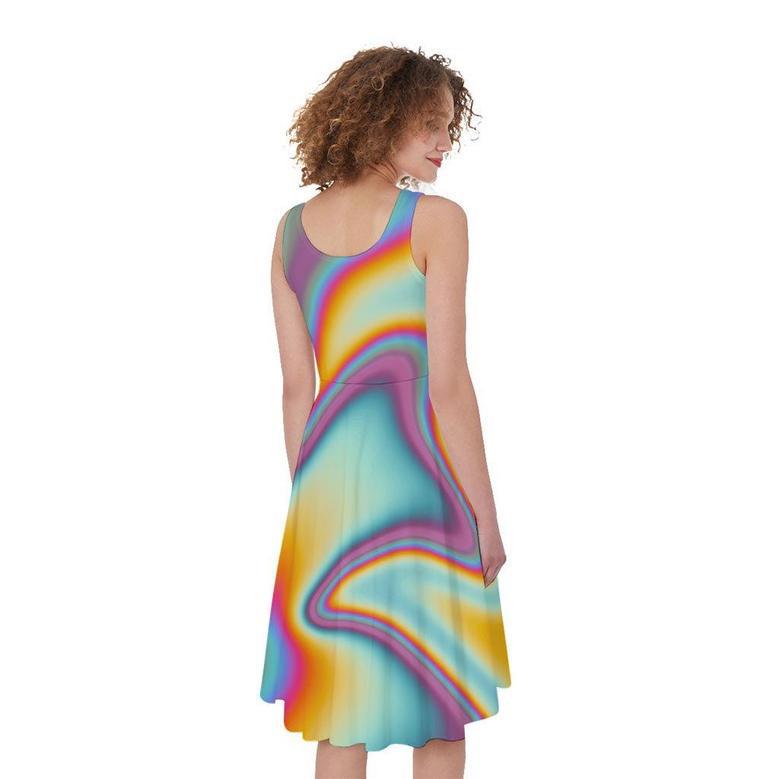 Liquid Holographic Trippy Print Sleeveless Knee Length Dress