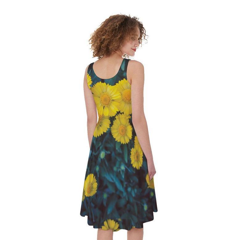 Little Yellow Daisy Print Sleeveless Knee Length Dress