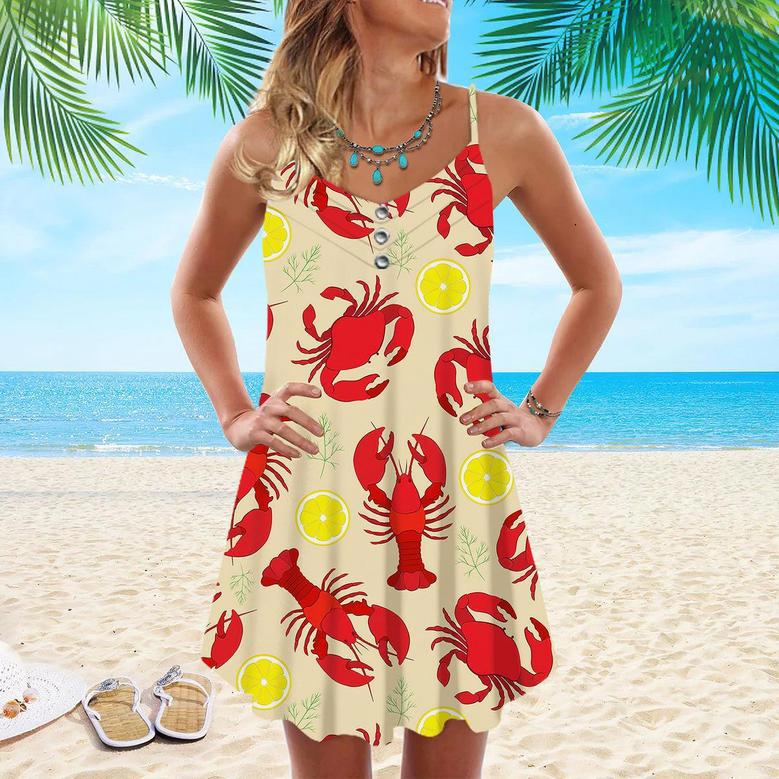 Lobster Crab And Lemon Pattern Spaghetti Strap Summer Dress