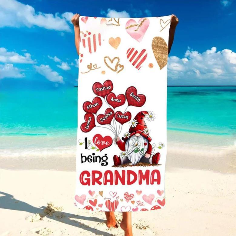 Love Being Grandma Gnomes Balloons Personalized Beach Towels Gift